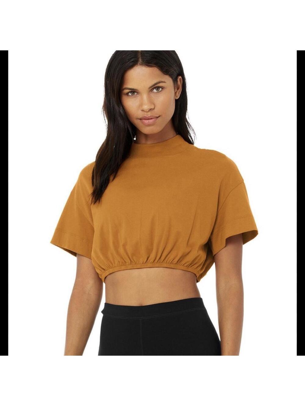 Alo Yoga Kick It Crop T-shirt Bronze cotton mustard yellow athletic casual
